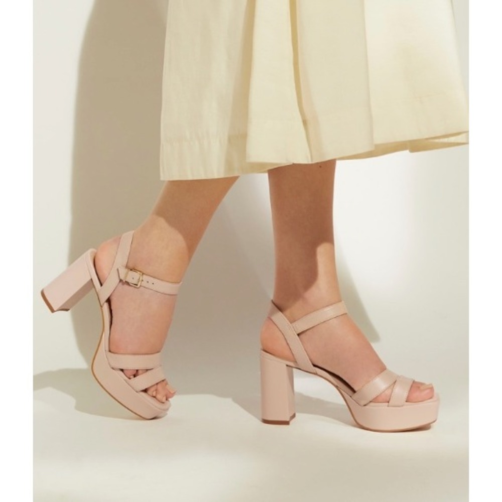 Dune London Molten Nude Leather Platform Block Heel Sandals Size 9 / 40